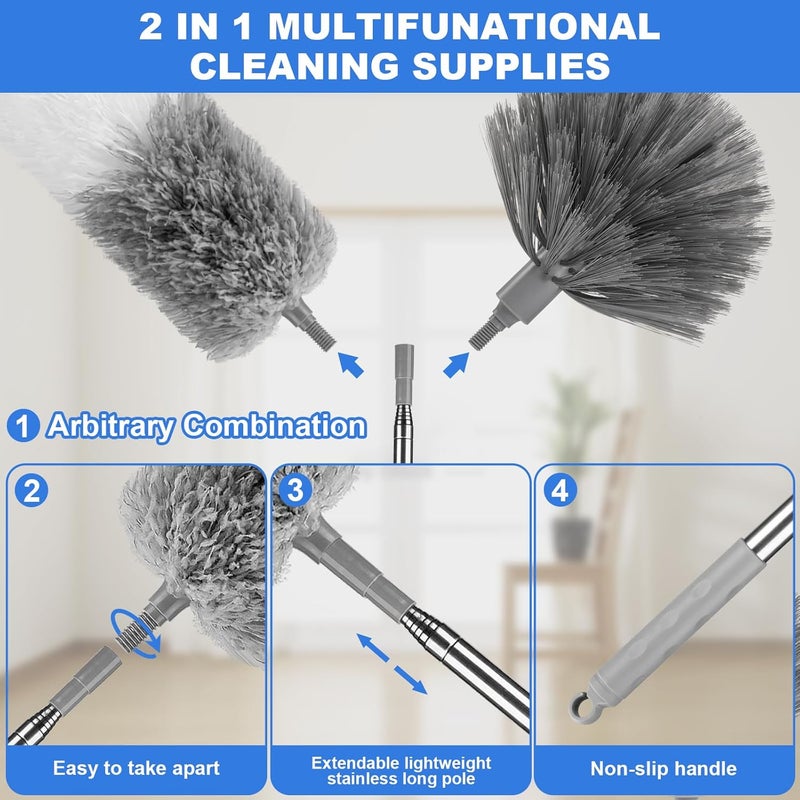 LLOOC Dusters for Cleaning,Cobweb Duster Feather Duster with Extension Pole,3PCS Ceiling Fan Cleaner Duster,Long Duster Extended Handle,Blind Cleaner Dusting - Image 3